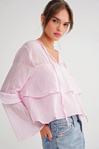 Mixray 4735 Women's Long Sleeve Ruffle Tie Blouse Pink