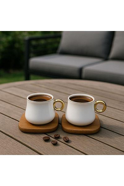 Noah Exclusive Porcelain 2 Cup Set-Golden Gilding Handle-Wooden Plate