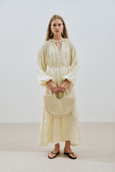Manuka Cropped Collar Linen Wide Dress Yellow