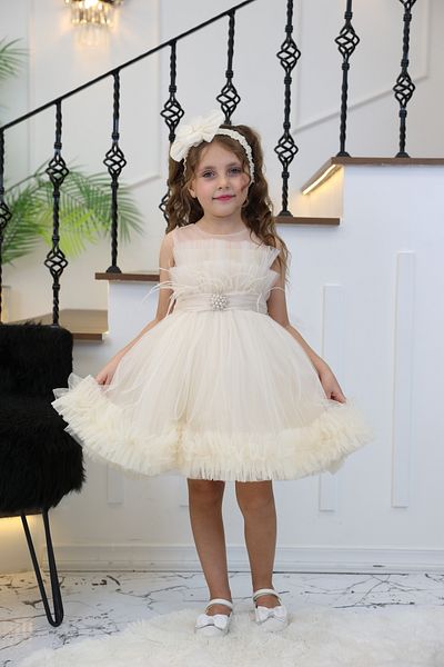 MİSS RAİN Girl's Tulle Evening Dress with Skirt Tip and Breast Ruffle Detail with Stone Accessories