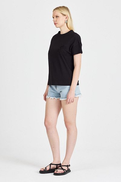 odelon Women's Lace Embroidered 100% Cotton Black T-Shirt
