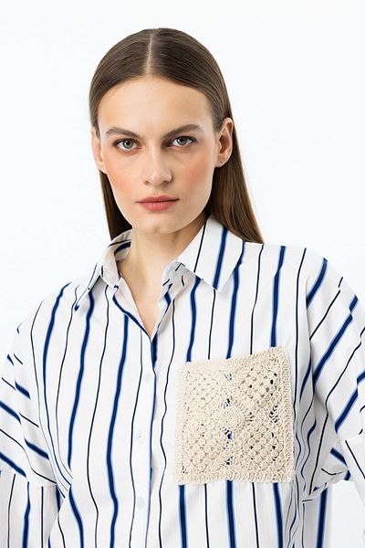 On Fashion On Pocket Lace Detailed Striped Cotton Shirt-56530