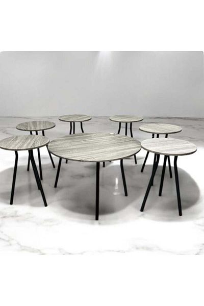 Kreslo 7-Piece Wooden Tables Set with Metal Bases - Dark Gray