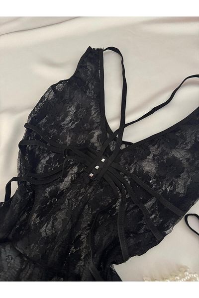 MH Moony Homewears Au P'Tit Grec Black Mini Stone Detailed Nightgown