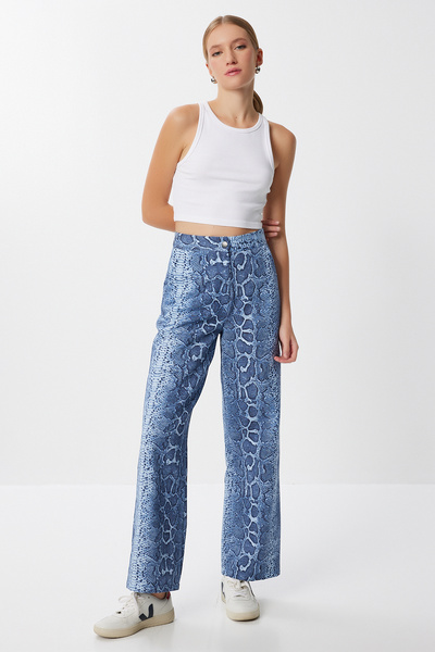 Lovelyİstanbul Patterned Wide Leg Woven Trousers with Pockets Lfh0011 Blue