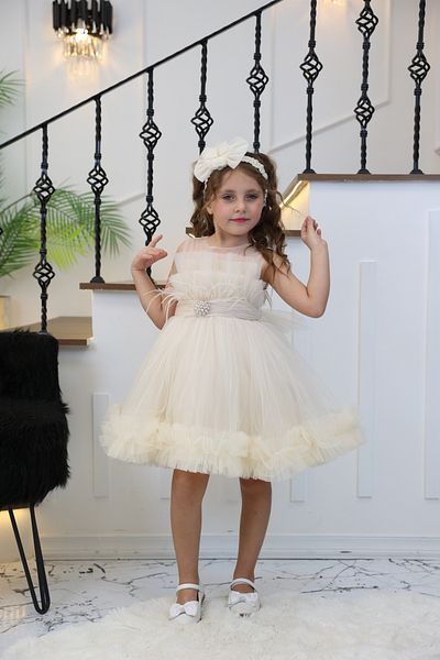 MİSS RAİN Girl's Tulle Evening Dress with Skirt Tip and Breast Ruffle Detail with Stone Accessories