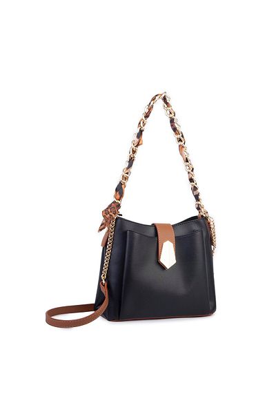 Nas Bag Women's Chain Scarf Stylish Shoulder and Messenger Bag Black Tan Buffalo