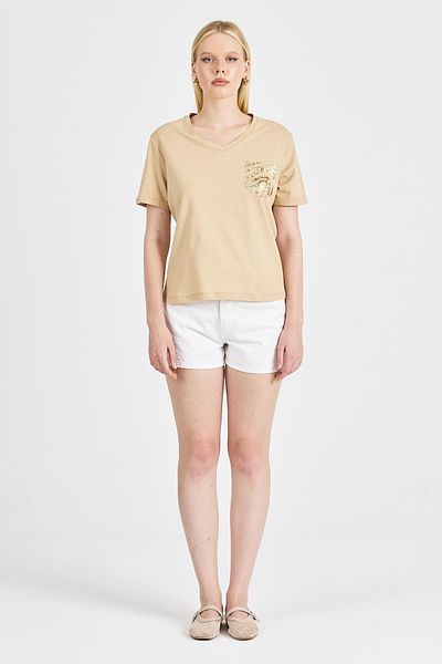 odelon Women's Sequined 100% Cotton Beige T-Shirt