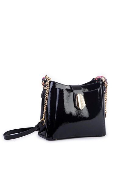 Nas Bag Women's Chain Scarf Stylish Shoulder and Messenger Bag Black Patent Leather