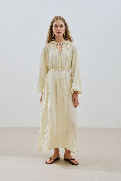 Manuka Cropped Collar Linen Wide Dress Yellow