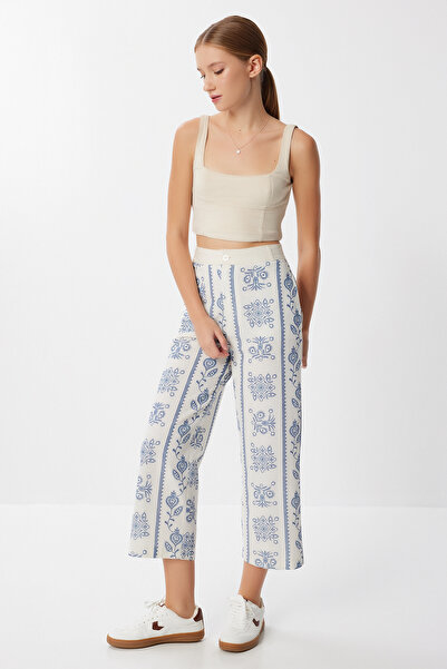 Lovelyİstanbul Παντελόνι με μοτίβο με φαρδύ πόδι LFH0010 BONE INDIGO BLUE