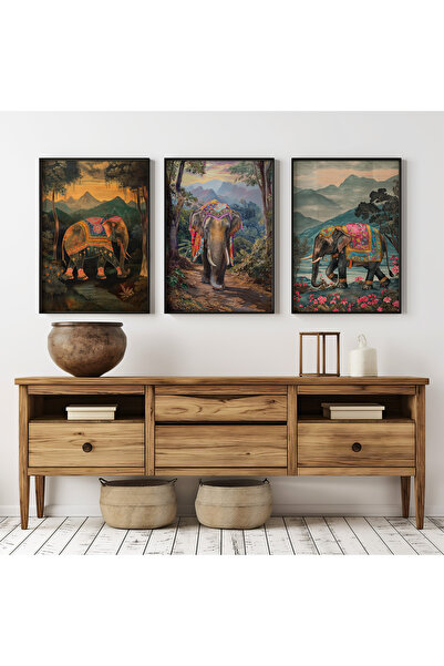 İkona Design Studio Etnik Filler Siyah Ahşap Çerçeveli 3'lü Poster Tablo Seti...