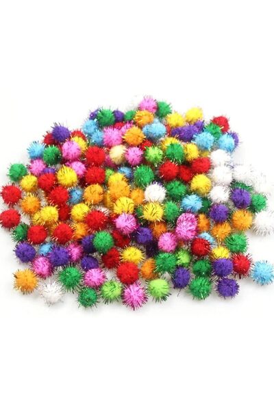 Hobialem Simli Ponpon, 10 Mm, Renkli Peluş Ponpon, 100 Adet, Minik Ponpon