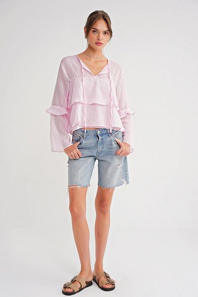 Mixray 4735 Women's Long Sleeve Ruffle Tie Blouse Pink