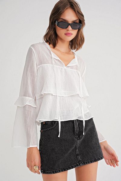 Mixray 4735 Women's Long Sleeve Ruffle Tie Blouse White