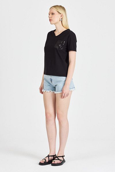 odelon Women's Sequined 100% Cotton Black T-Shirt