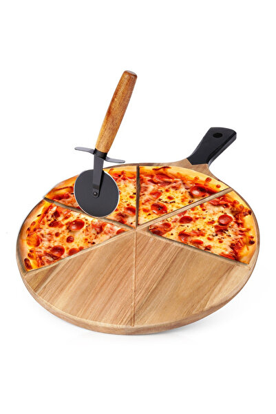 shumee Platou rotund de pizza din lemn cu cuțit 30 cm, 2 buc.