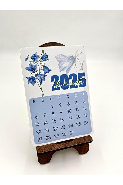 Genel Markalar 2025 Takvim - Çiçek Desenli Standlı Masaüstü Takvim- Ahşap Telefon Tutucu