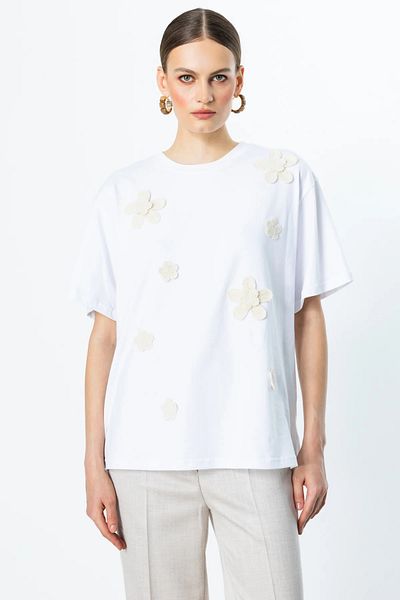 On Fashion Ten Knitted Flower Detailed Cotton Blouse White-56549