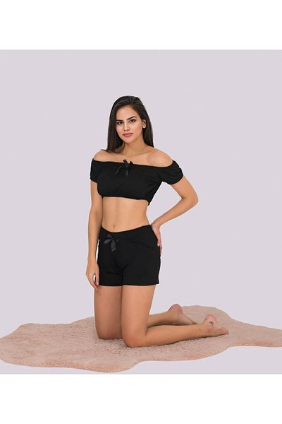 RAHAF TİCARET Black Strapless Detailed Shorts Women's Pajama Set