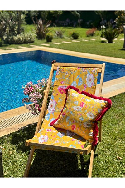 Merve Kaymakcı Çiçek desen hardal kırlent fuşya saçak