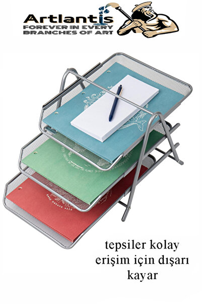 Artlantis Metal Evrak Rafı 3 lü 1 Paket Masa Üstü A4 Dosya Düzenleyici Kağıt Tepsisi Metal Fileli Üç Katlı Har