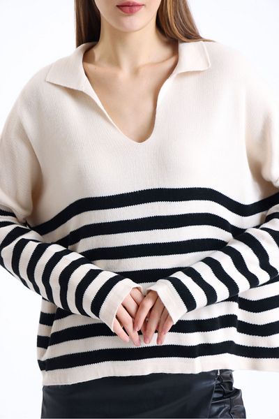 sole stories Rouge Premium Yarn Polo Neck Crop Striped Long Sleeve Knitwear Sweater