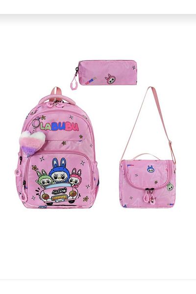 JaspEAdo Labubu Girl's 3-Piece Primary School Bag with Lunch and Pen Holder