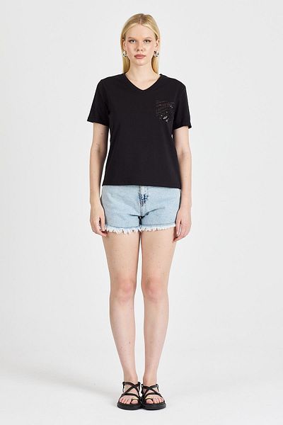 odelon Women's Sequined 100% Cotton Black T-Shirt