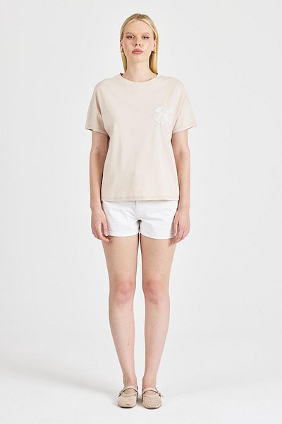 odelon Women's Lace Embroidered 100% Cotton Stone T-Shirt