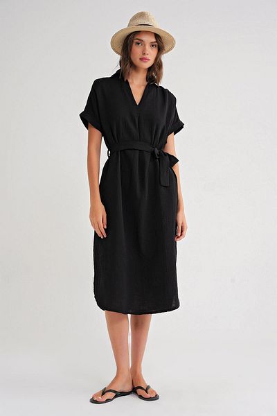 Mixray 4720 Women's Pleat Detailed Tie-Up V-Neck Muslin Dress Black