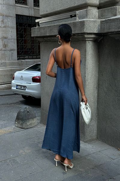 World Fashion Trends 8088 Indigo Sketen Look Fabric Long Dress with Adjustable Strap