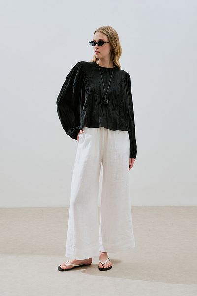 Manuka Linen Crush Effected Bluz Black