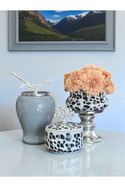 ferayhome Dekoratif Obje Salon Seti Gri leopar Ayaklı Saksı Düz Gri Şah Gri L...