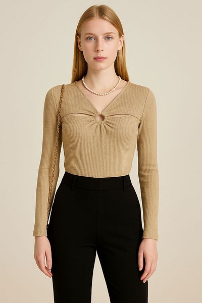 Kübra Tekstil Women's V-Neck Glitter Rib Fabric Long Sleeve Blouse with Chest Detail - Beige |   Stylish & Modern Design