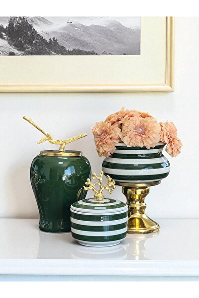 Decorative Object Living Room Set Green Zebra Pedestal Flower Pot Green King Green Zebra Box Gold