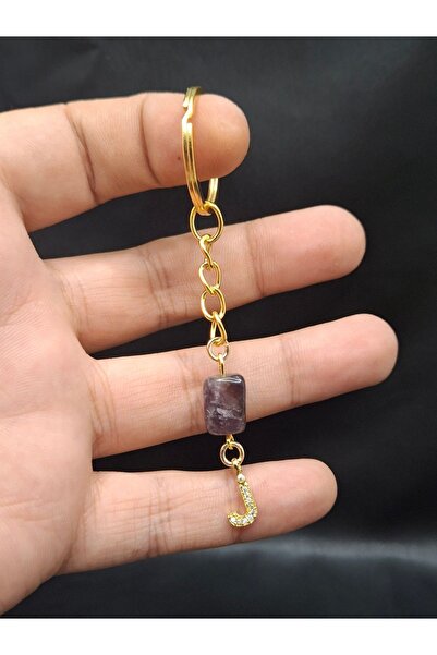 Han Ticarethane Gold Color Stone J Letter Purple Amethyst Stone Keychain Charm