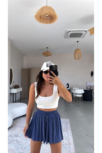 Buket Teke Indigo Silk Texture Shorts Lined Sports Skirt
