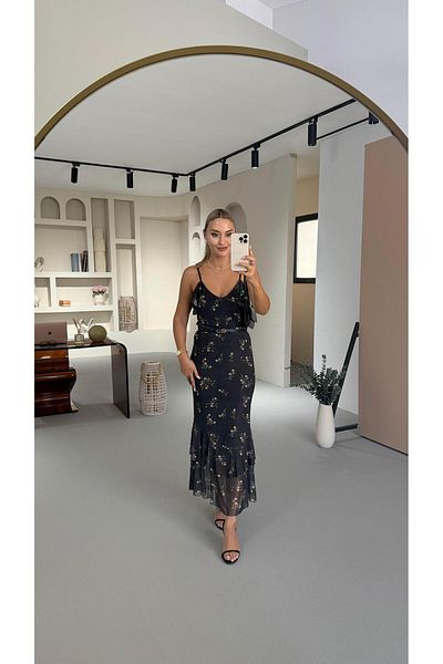 Sezgi Tekin Flower Pattern Black Skirt Blouse Tulle Set