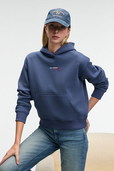 GRIMELANGE Melurea Women's Embroidered Hooded Comfort Fit Dark Blue Sweatshirt