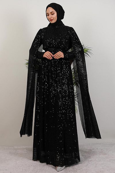 GİYZAMİLA Sequin Sequin Cape Evening Dress Black