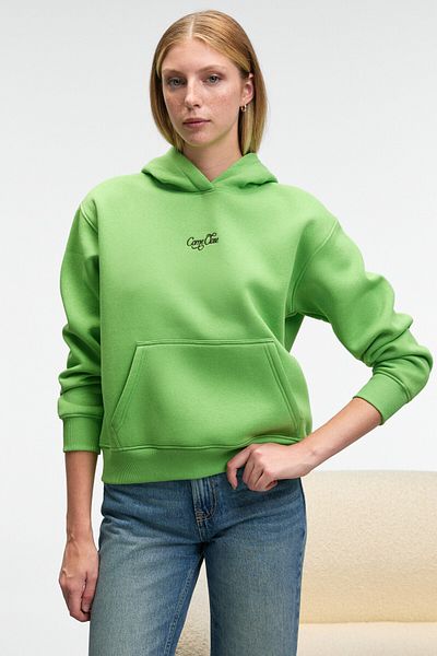 GRIMELANGE Melurea Women's Embroidered Hooded Comfort Fit Pistachio Green Sweatshirt