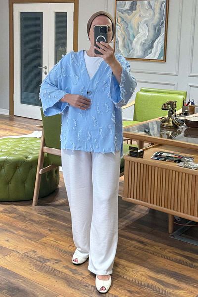 Hatun Atila Textured V-Neck Single Button Jacket and Wide Leg Pants Two-Piece Suit 8883 - Blue