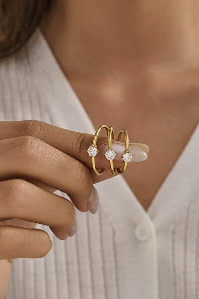 New Obsessions Çelik Yuvarlak Zirkon Taşlı Minimal Eklem Yüzük Seti 3 adet