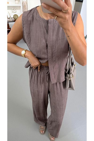 Sezgi Tekin Premium Series Coffee Crinkle Vest Trousers Set