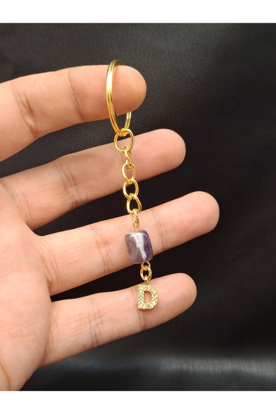 Han Ticarethane Purple Amethyst Stone Keychain Charm with Gold Color Stone D Letter