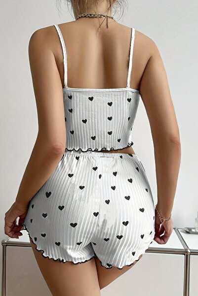Merry See Özel Örme Kumaş Kalp Baskılı Şortlu Pijama Takımı
