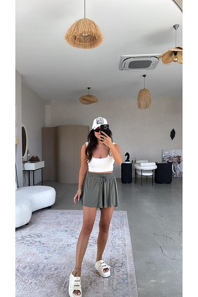 Buket Teke Khaki Silk Texture Shorts Lined Sports Skirt