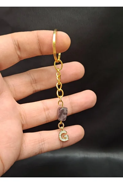 Han Ticarethane Purple Amethyst Stone Keychain Charm with Gold Color Stone g Letter