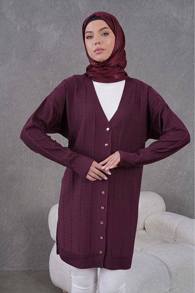 FLEX FASHION Women's Trend Thin Textured V-Neck 85 cm Pocketless Popular Long Cardigan (Claret Red)